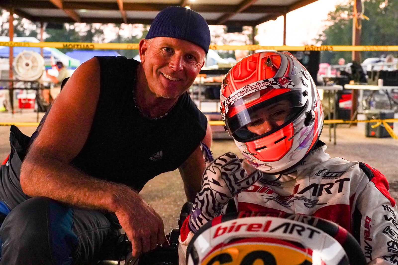 Sally Mott in a kart with her dad, Robby Mott.